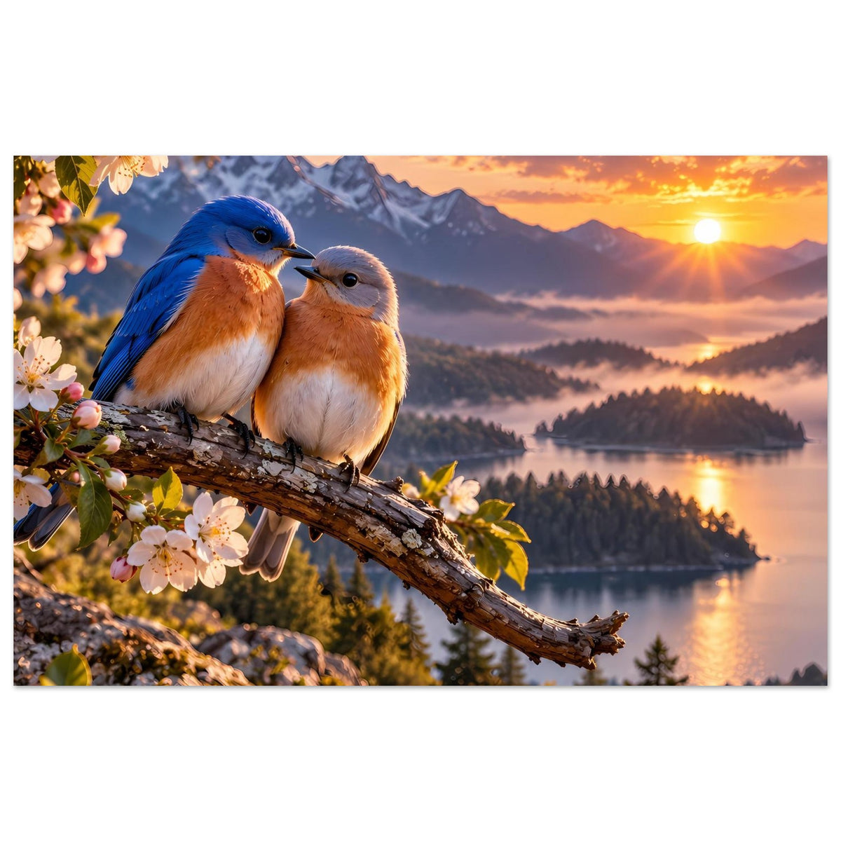 Querformat-Poster mit zwei Vögeln auf Ast und blühenden Zweigen, Sonnenuntergang am See