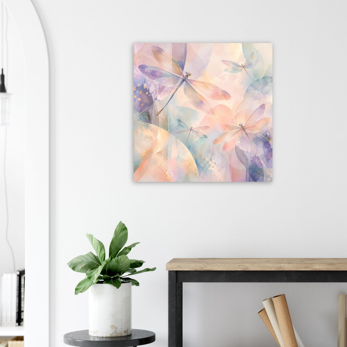 Quadratisches Pastellposter mit Libellen in Pfirsich-, Lavendel- und Blautönen