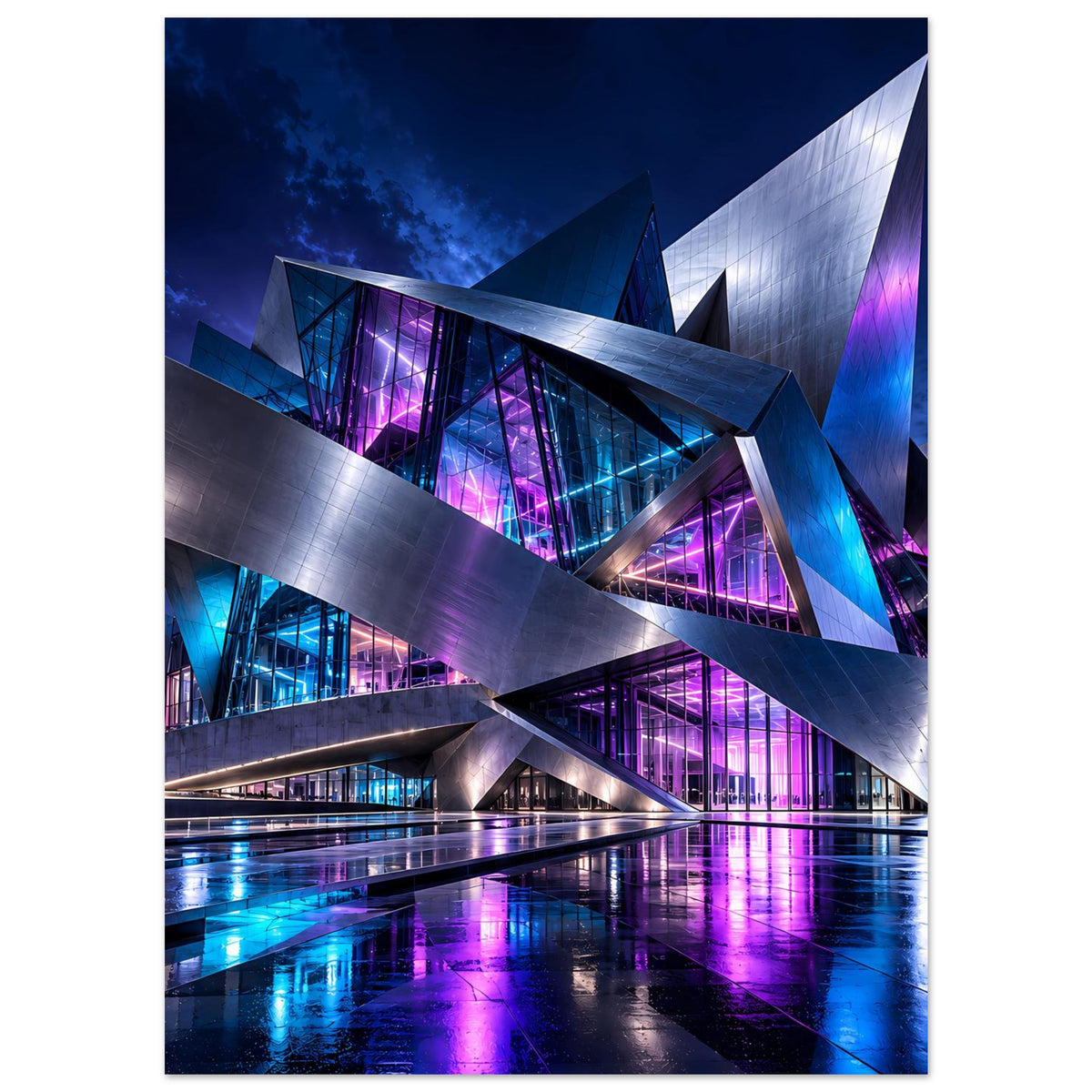 Futuristisches Architekturplakat mit silbernen Trägern, blauem Licht und violetten Akzenten