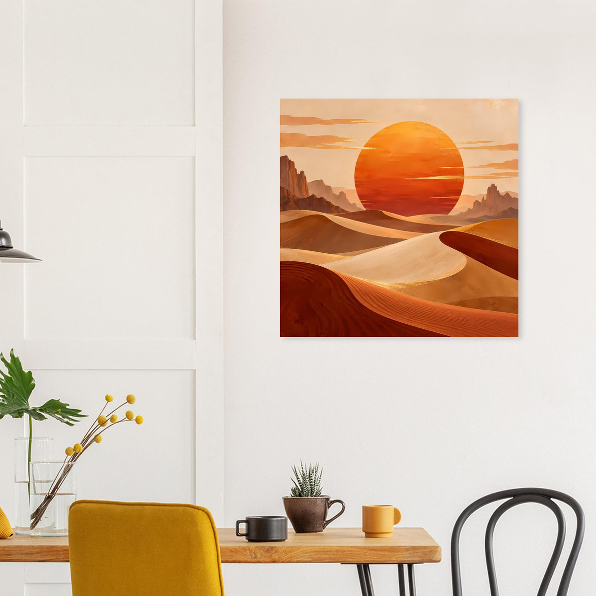 Rechteckiges Poster mit Sonnenuntergang-Wüstenlandschaft, orangefarbener Himmel und Dünen