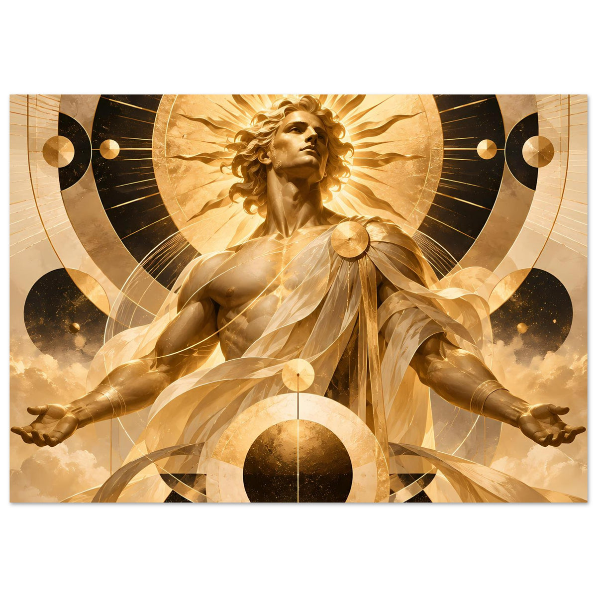 Horizontales Poster mit goldener Engel-Illustration, Strahlenkranz und großen Kreisornamenten.
