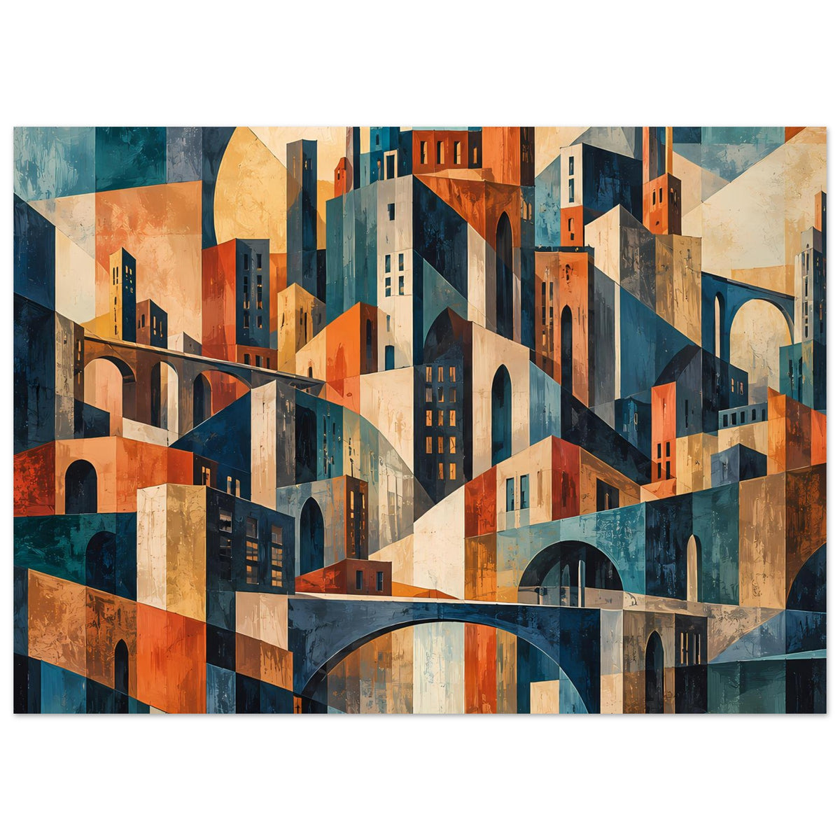 Rechteckiges Poster mit geometrischer Stadtansicht in warmen Blau-, Orange- und Ockertönen