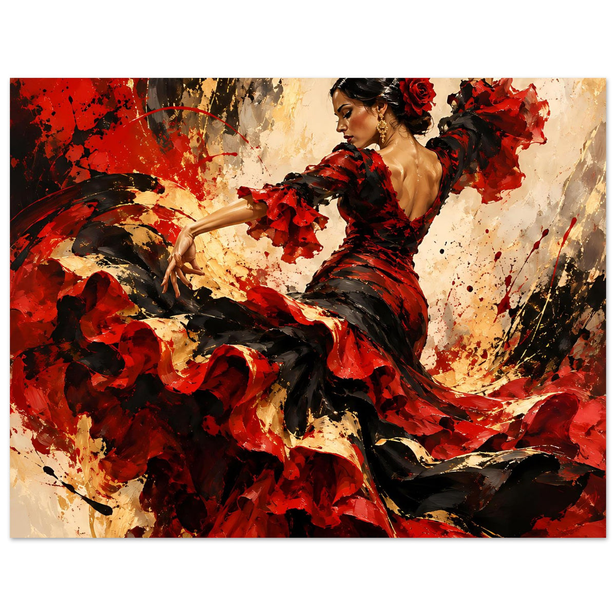 Breites Poster mit Flamenco-Tänzerin im roten und schwarzen Kleid, Arm erhoben, dynamischer Schwung