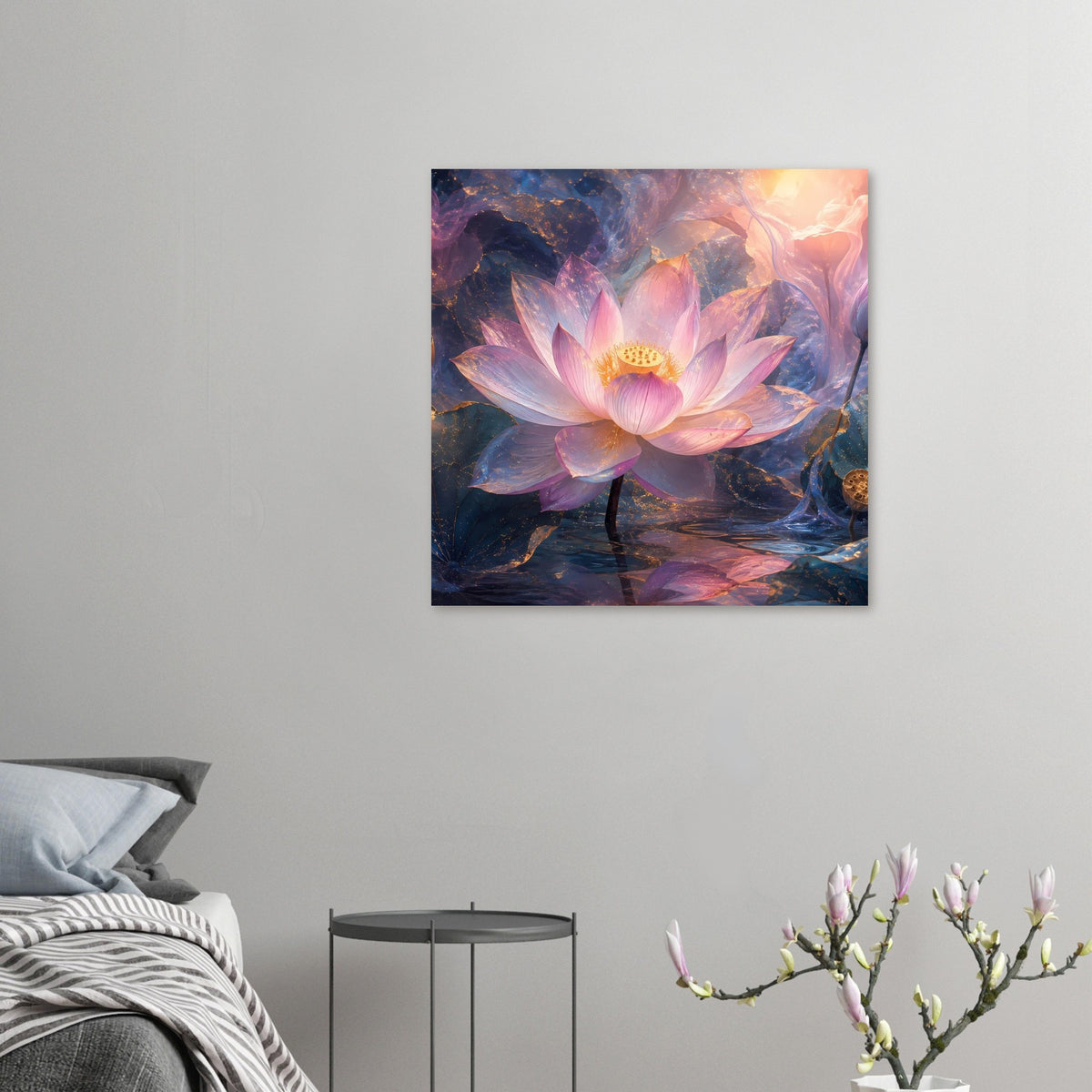 Kleines Poster mit Lotosblüte in Pastellrosa und Blau, goldene Blütenmitte