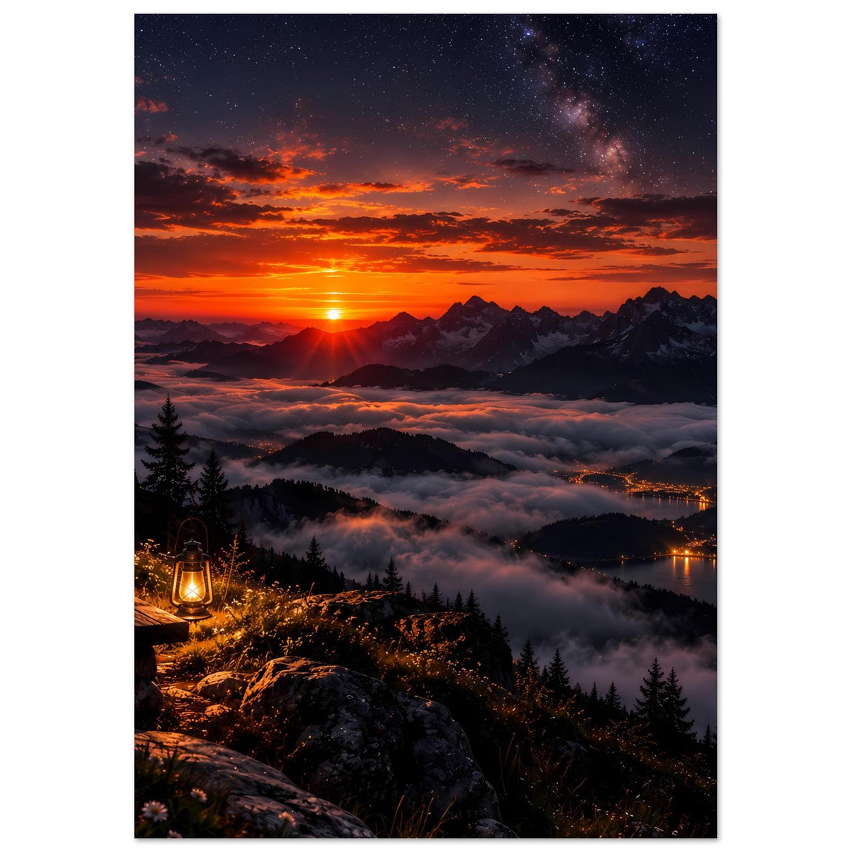 Landschaftsposter im Hochformat: Sonnenuntergang, Bergkette, Nebelmeer, Tannenwald