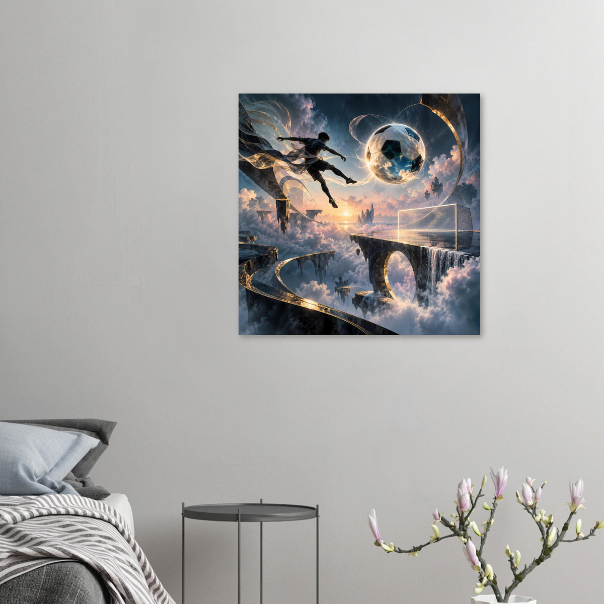 Hochformat-Fußball-Poster mit fliegendem Spieler, schwebender Kugel, Tor und goldenen Akzenten.