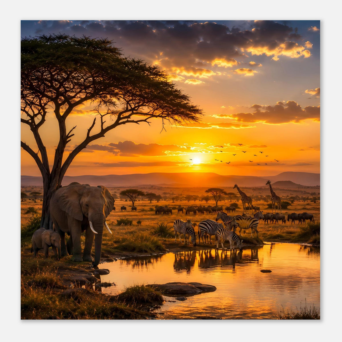 Poster: Elefanten am Ufer, Zebras am Wasserloch in goldener Savanne bei Sonnenuntergang