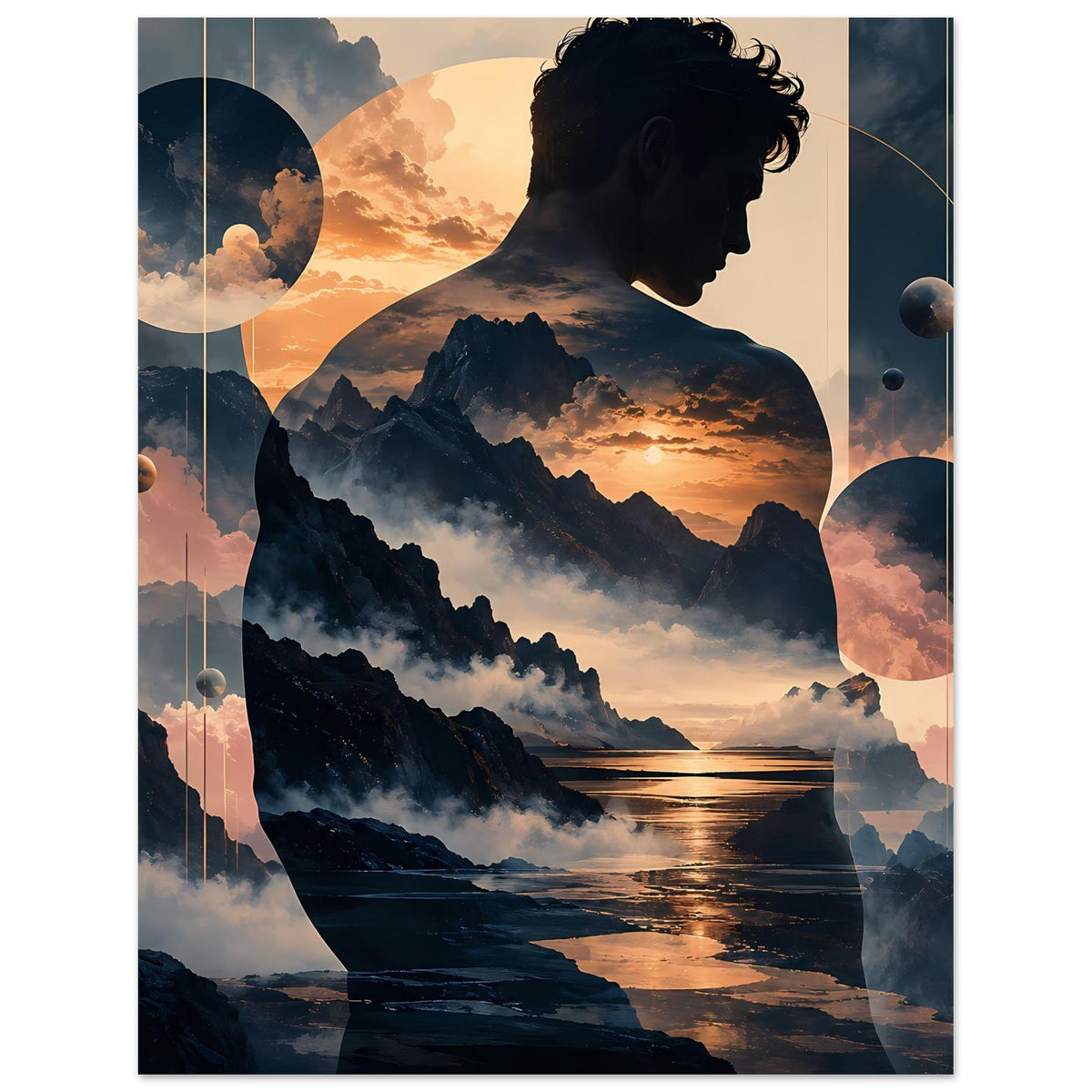 Poster, Porträtmotiv mit Bergpanorama, Mann im Profil, Sonnenuntergang und Planeten-Optik