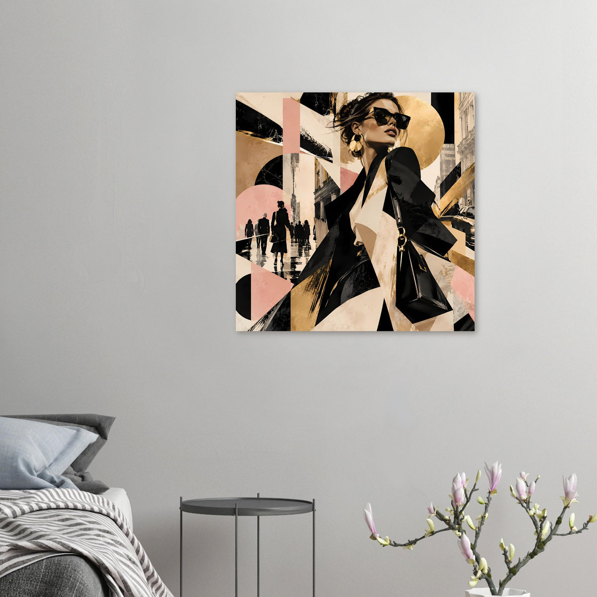 Kleines Mode-Poster mit Fashion-Figur in Schwarz und Gold, abstrakte Stadtgrafik im Querformat