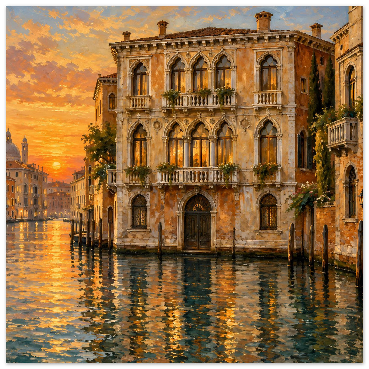 Wandposter mit Blick auf den venezianischen Palast, Sonnenuntergang über dem Wasser