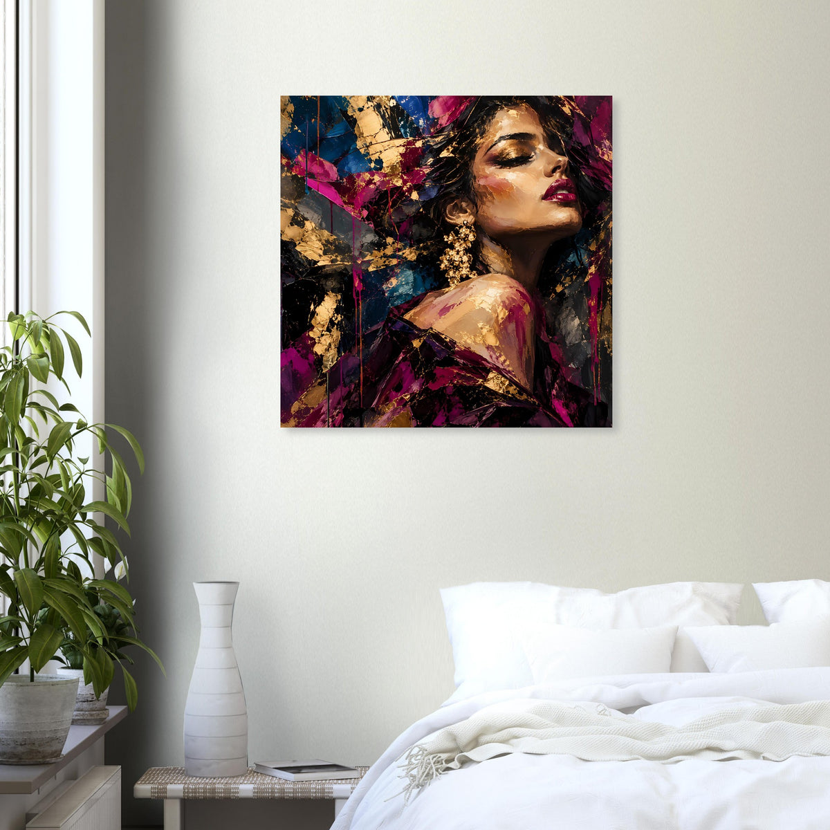 Poster mit Frauenporträt, seitlicher Blick, Gold-, Violett- und Blautöne