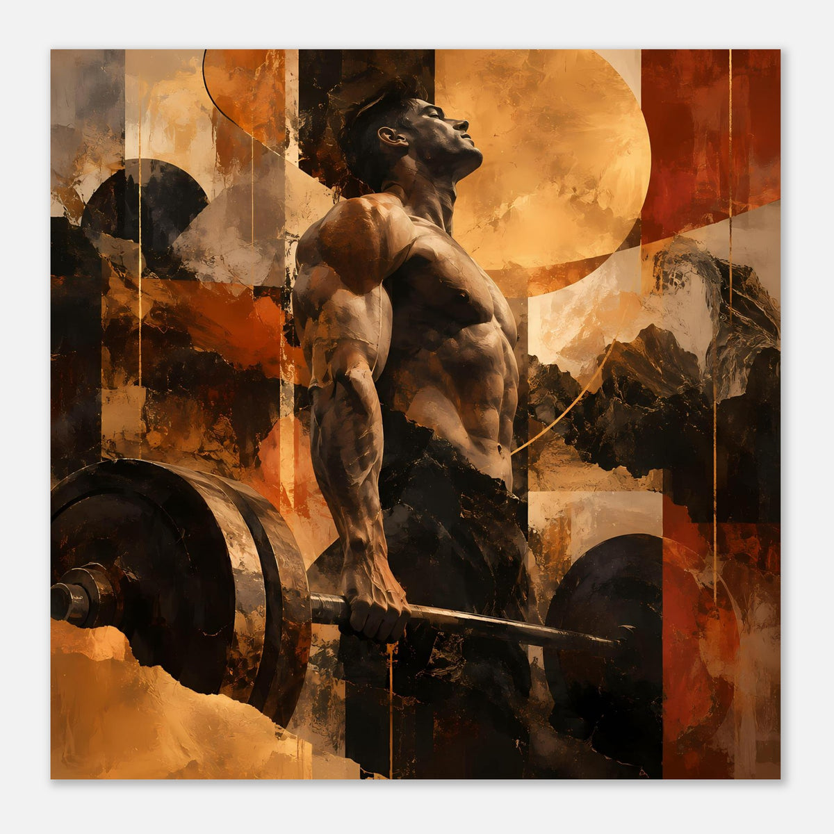 Fitness-Artposter (Querformat): Hund beim Hanteltraining, warme Gold- und Braunnuancen