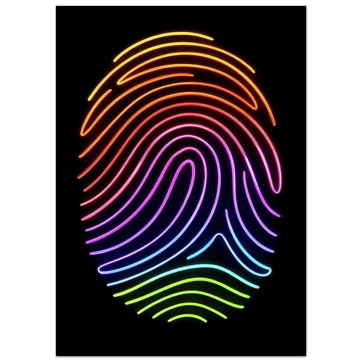 Neon-Regenbogen-Fingerabdruck-Poster: bunte Neonlinien in Fingerform auf schwarzem Hintergrund