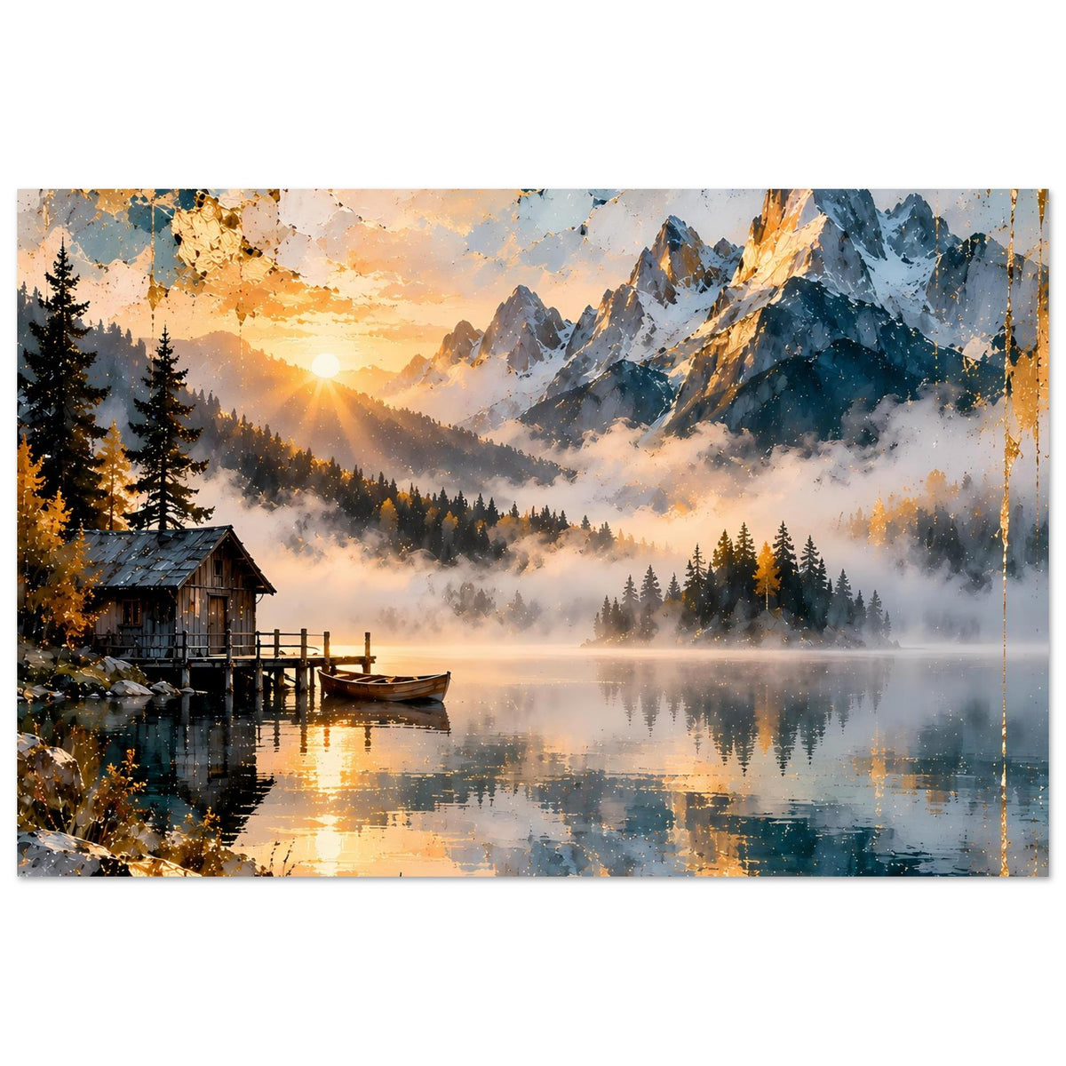 Poster Bergsee-Panorama mit Sonnenaufgang, Fichtenwald und spiegelndem Seewasser