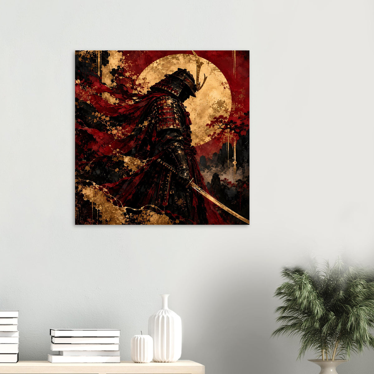 Wandposter: Samurai-Krieger in schwarzer Rüstung mit rotem Umhang und goldenem Lichtkreis