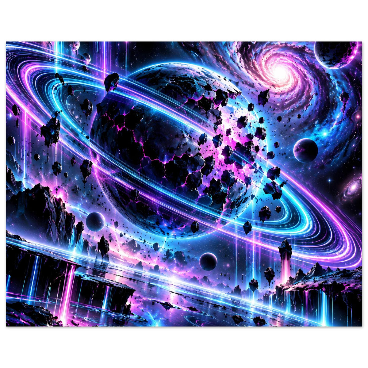 Neon-Galaxie-Poster im Querformat: violette Spiralgalaxie, leuchtende Ringe und Planeten
