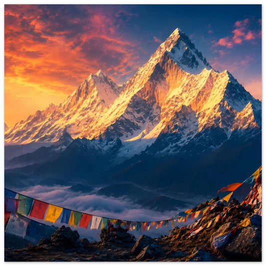 Poster mit Himalaya-Sonnenaufgang: leuchtende Gipfel, orange Himmel, buntes Wimpelband unten