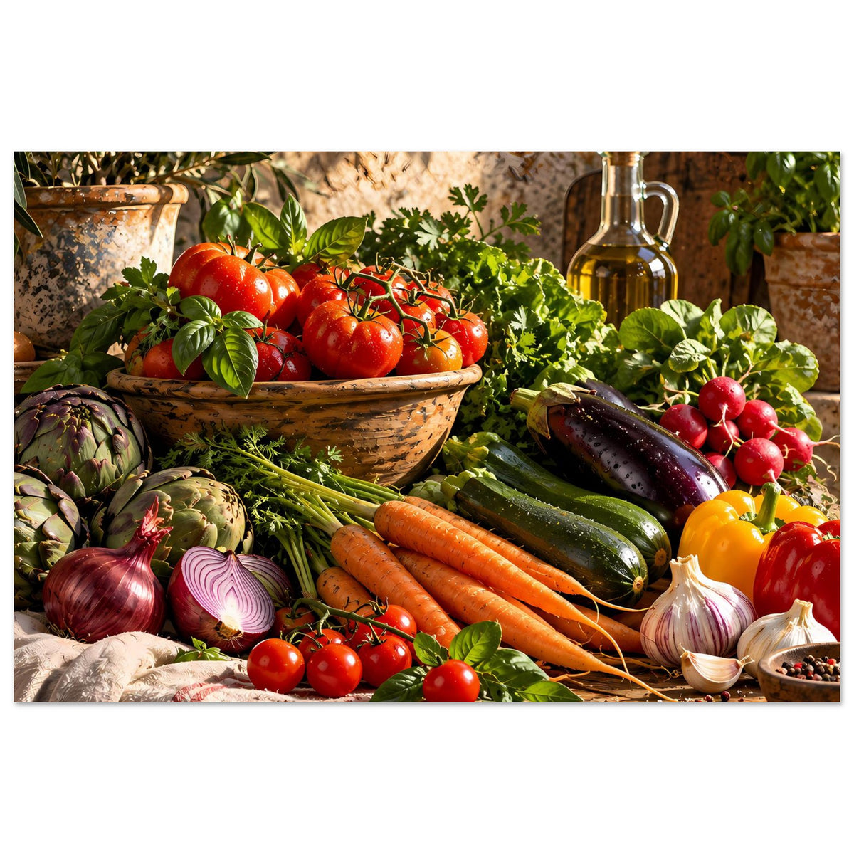 Küchenposter mit Gemüsevielfalt: Tomaten, Karotten, Zucchini, Radieschen, rote Zwiebeln.