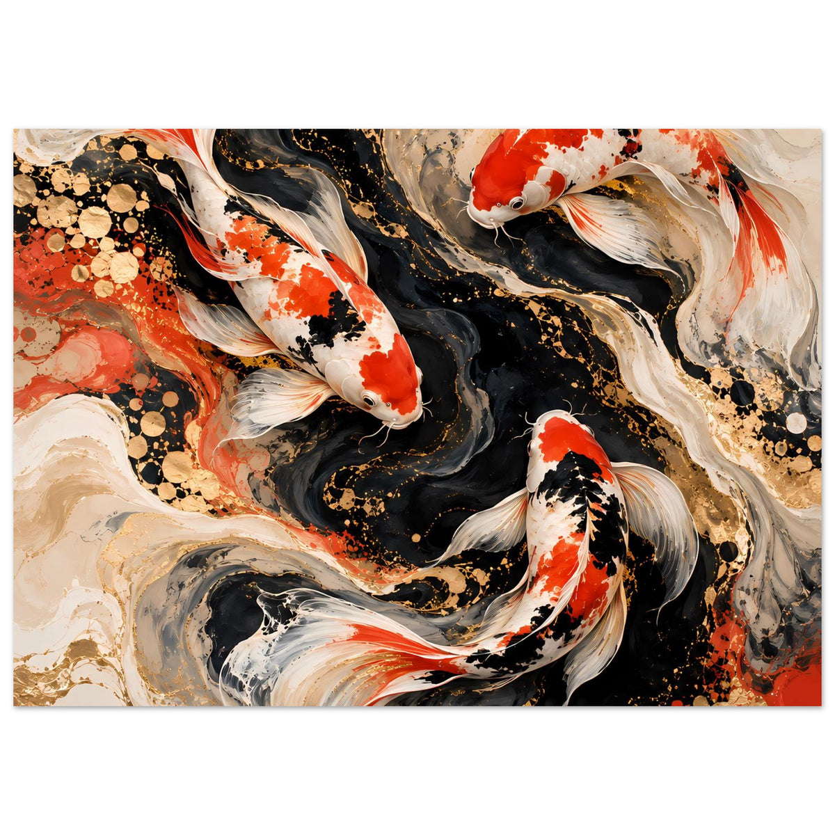 Kunstposter mit Koi-Fischen, großflächige Farbwirbel in Rot, Weiß und dunklem Schwarz