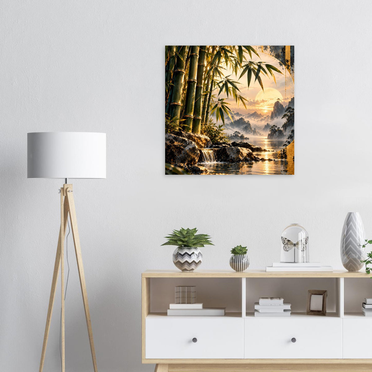 Quadratisches Poster mit Bambuswald, Wasserfall und Sonnenuntergang, im schwarzen Rahmen