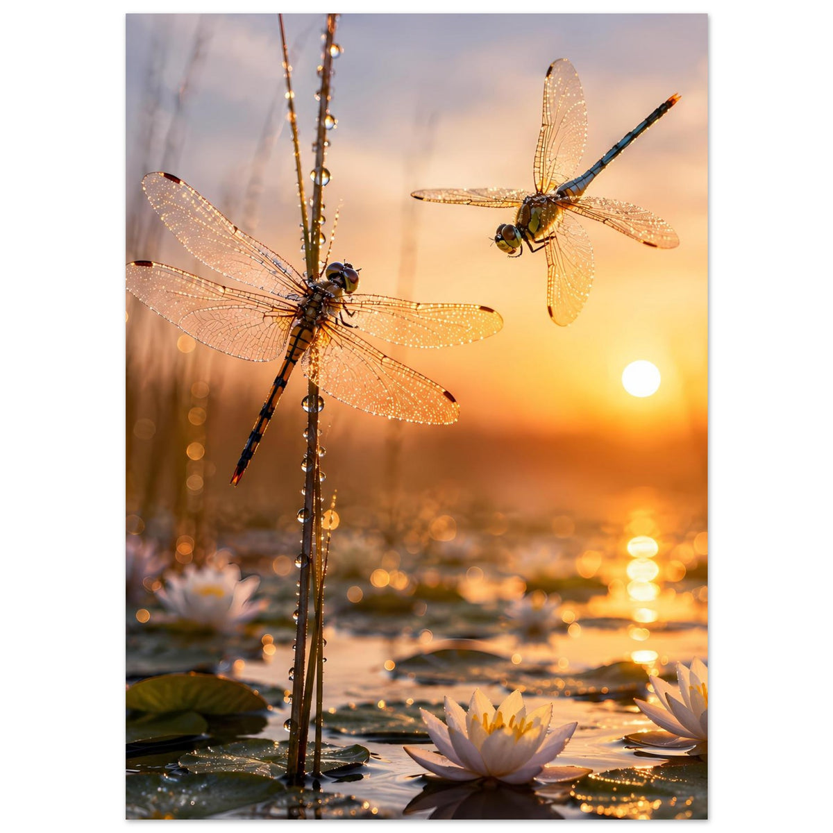 Poster (hochkant) mit zwei Libellen über Seerosen und goldenem Abendhimmel