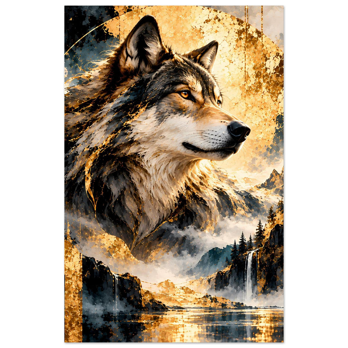 Wolfskunstposter mit Wolfskopf und goldenen Sprenkeln, Berglandschaft mit Wasserfall, senkrecht