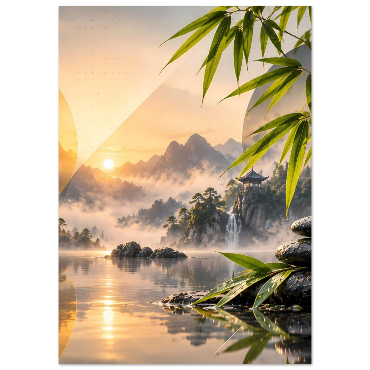Zen-Poster mit ruhigem See, Bambus im Vordergrund, gestapelten Steinen und Bergen