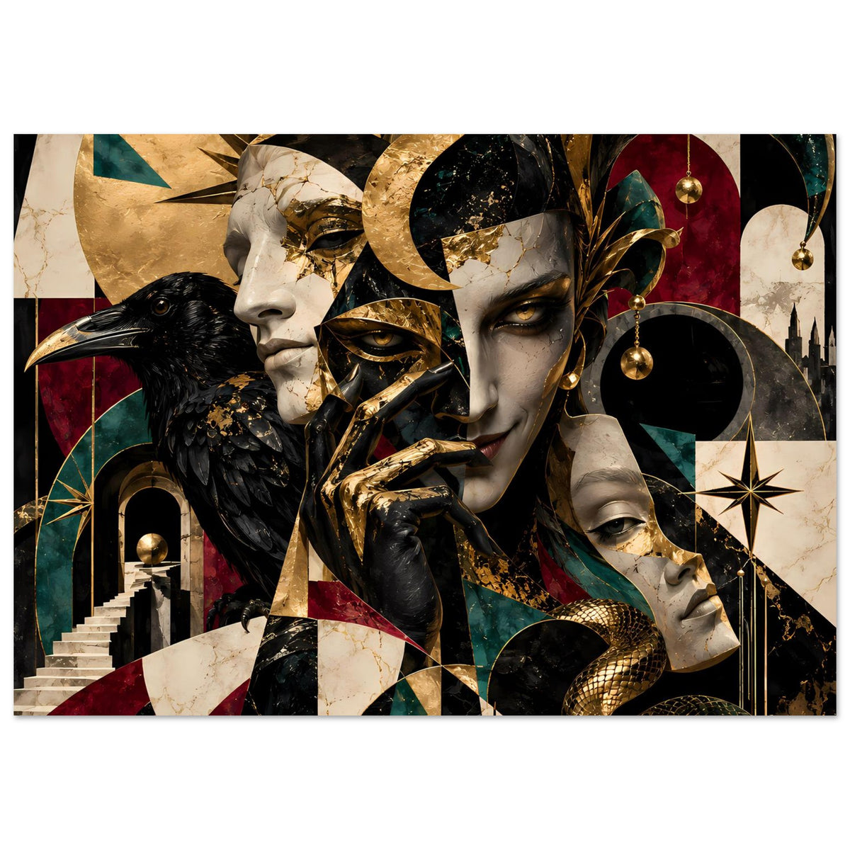 Kunstposter Panoramaansicht mit Porträts, goldenen Formen, schwarzem Vogel und Schlange
