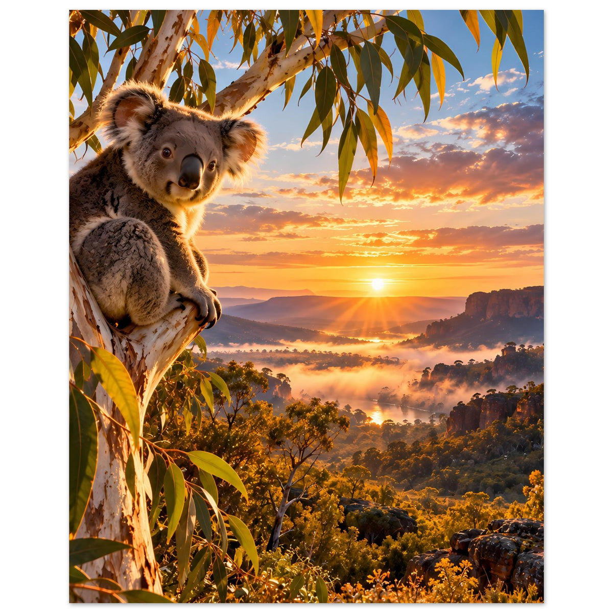 Wandposter im Hochformat: Koala klammert an Baumzweig, warmes Abendlicht mit Sonne