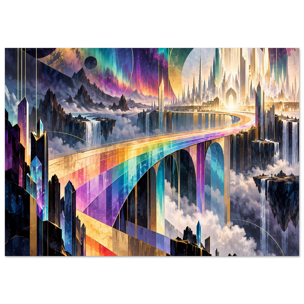 Buntes Fantasy-Poster mit Regenbogenbrücke, Leuchtturmstadt und Wolken, auf mattem Papier