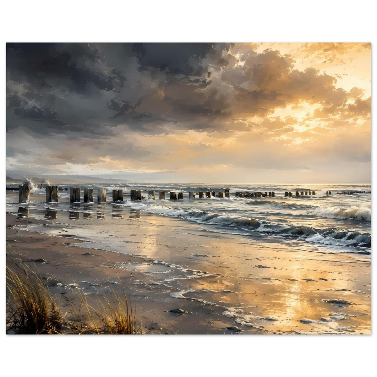 Poster im Querformat mit Meerblick, Schaumwellen, Sand und Abendhimmel mit Wolken