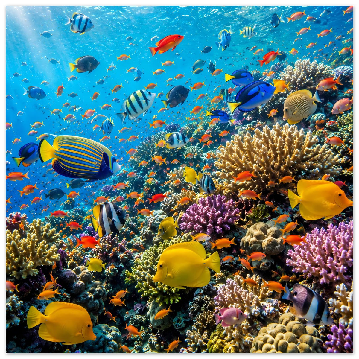 Poster im Querformat: bunte Korallen und tropische Fische im Unterwasser-Motiv