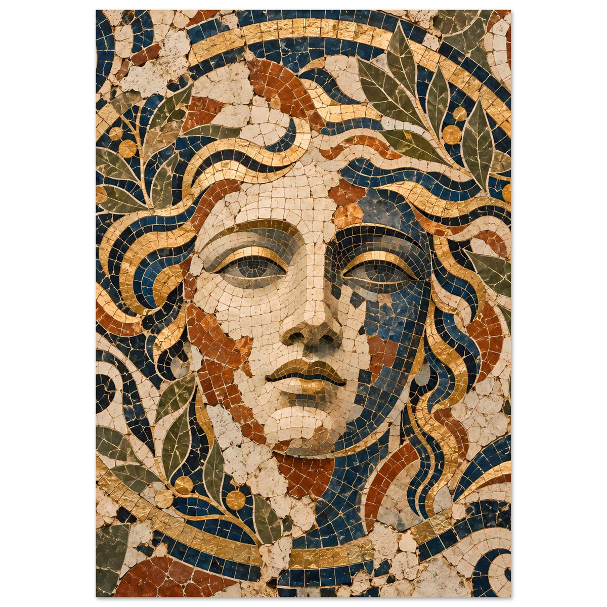 Mosaik-Göttin Poster im Hochformat, Frauengesicht aus Kacheln, goldene Haare, blaue Schleifen