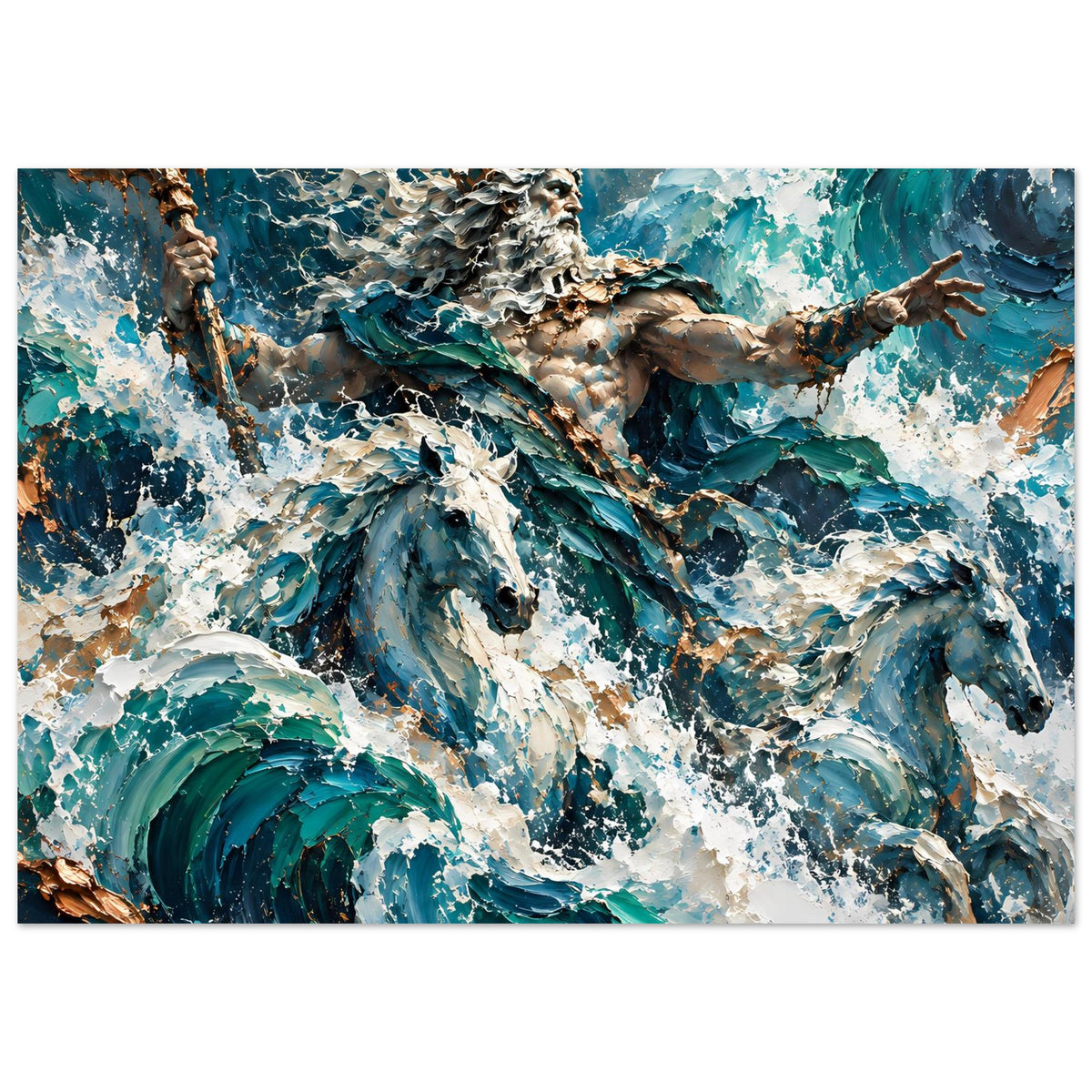 Neptun-Poster im Querformat: Meereswesen im Detail, mit Schaum und türkisfarbenen Wellen