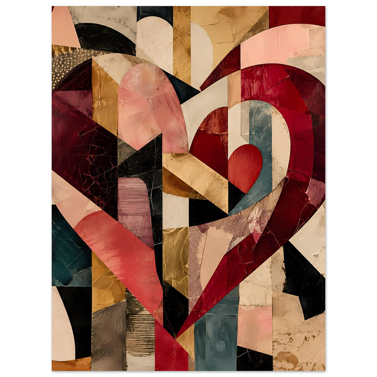 Abstraktes Poster mit Herz im Cubist-Stil, Rot-, Beige- und Blautöne, rechteckiger Rand