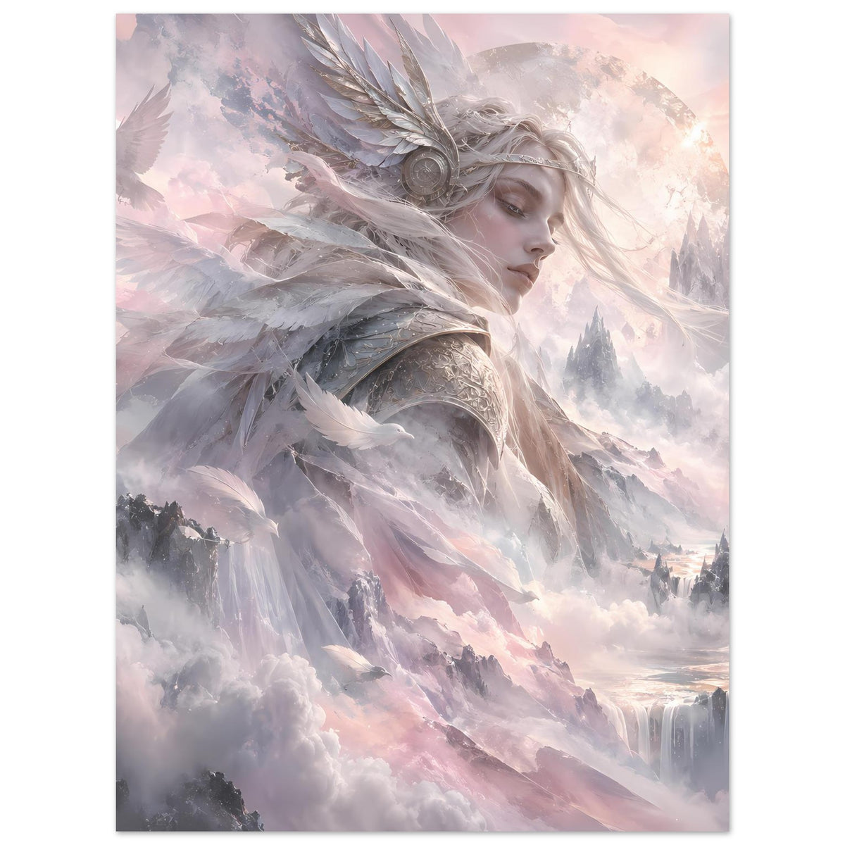 Nordisches Fantasy-Poster: Walküre mit silbergrauer Rüstung und Federflügeln, verschleiert