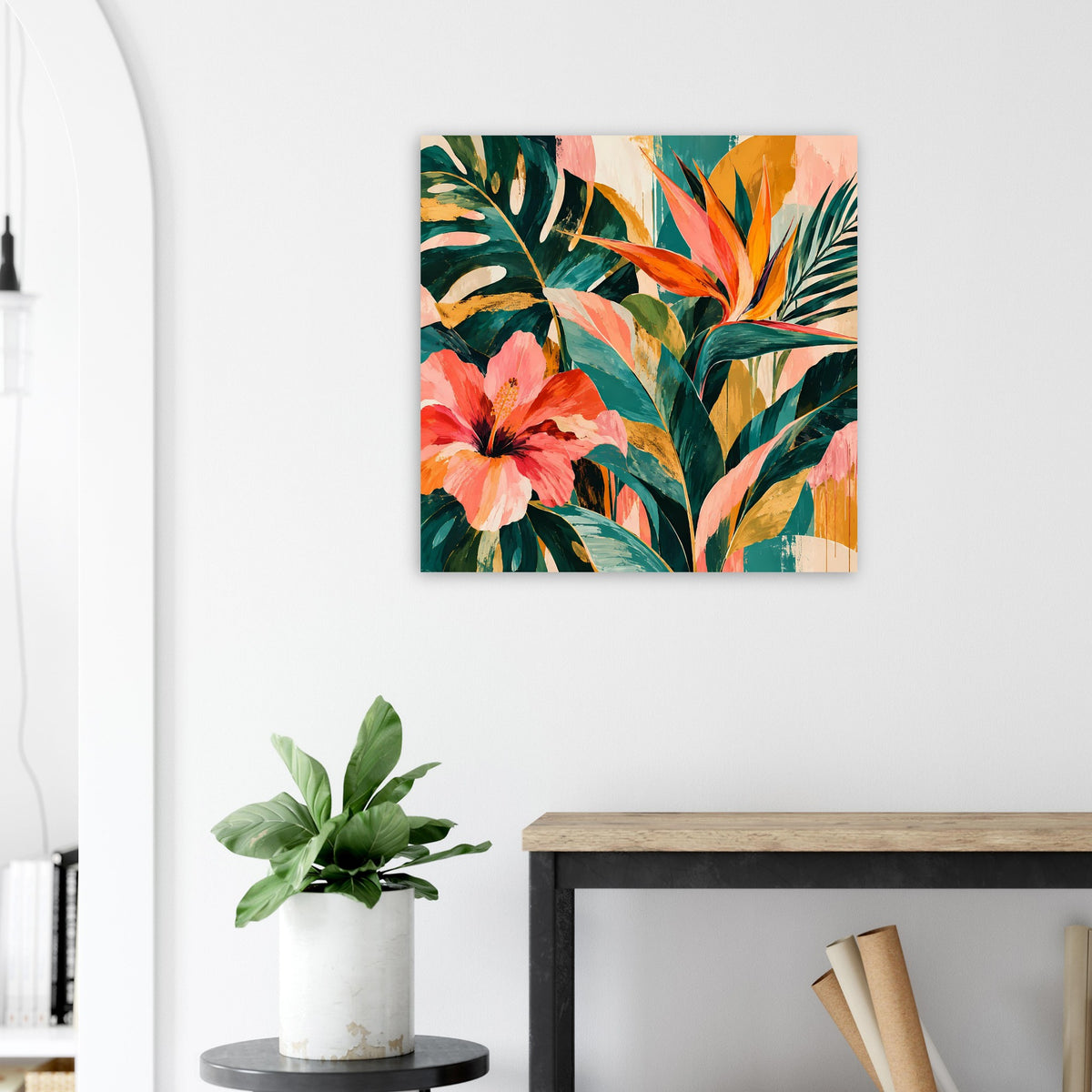 Quadratisches Poster mit tropischem Blattwerk und orange-roten Blüten