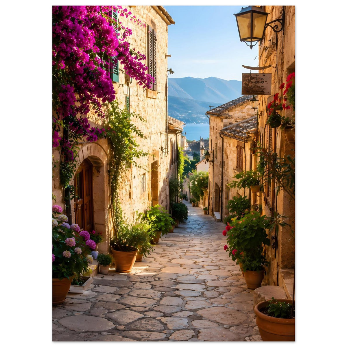 Poster mit Altstadtgasse, lila Bougainvillea und Steinpflaster bis zu den Bergen