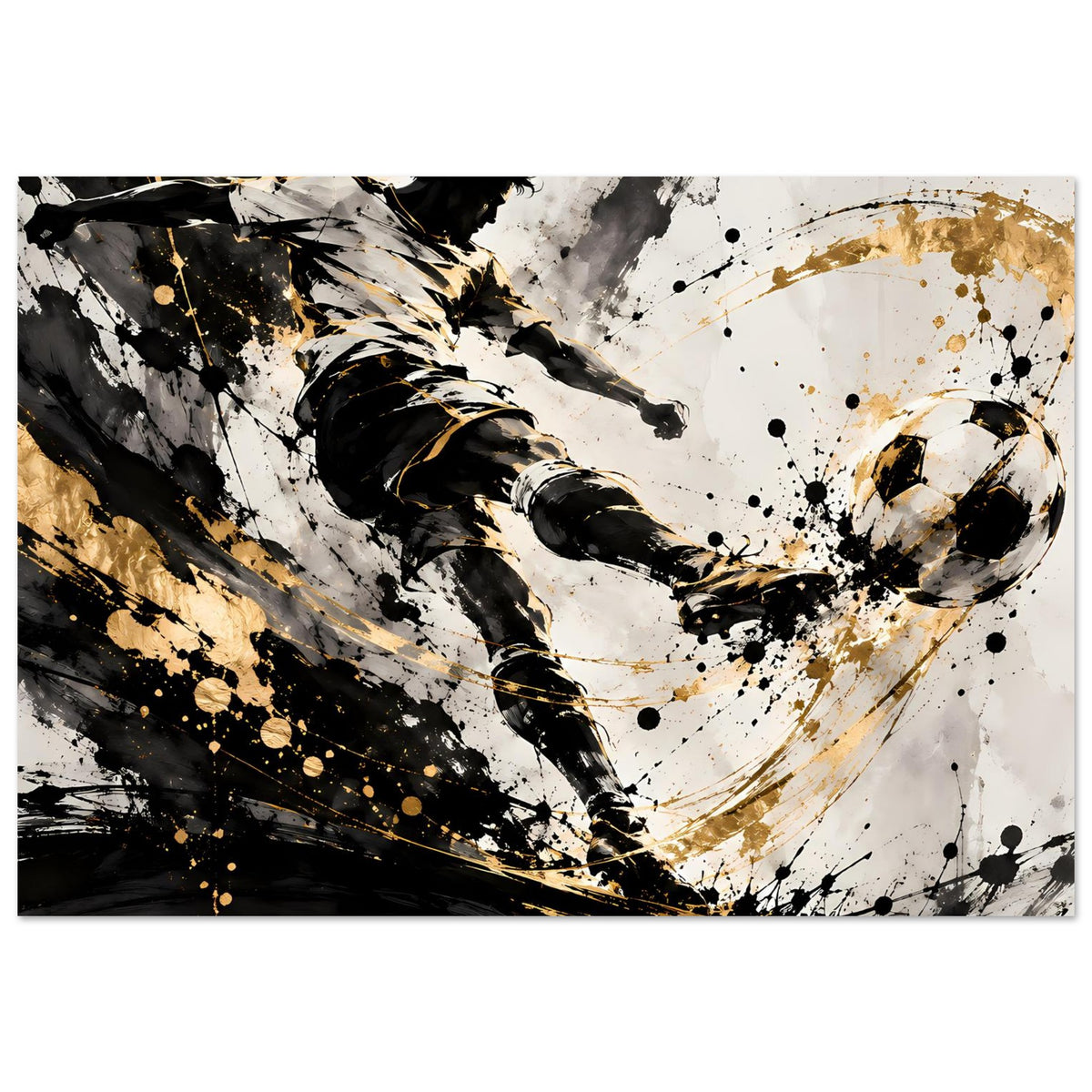 Fußballspieler-Poster, horizontales Format: Schuss im Fokus, Schwarz-Gold Spritz-Optik