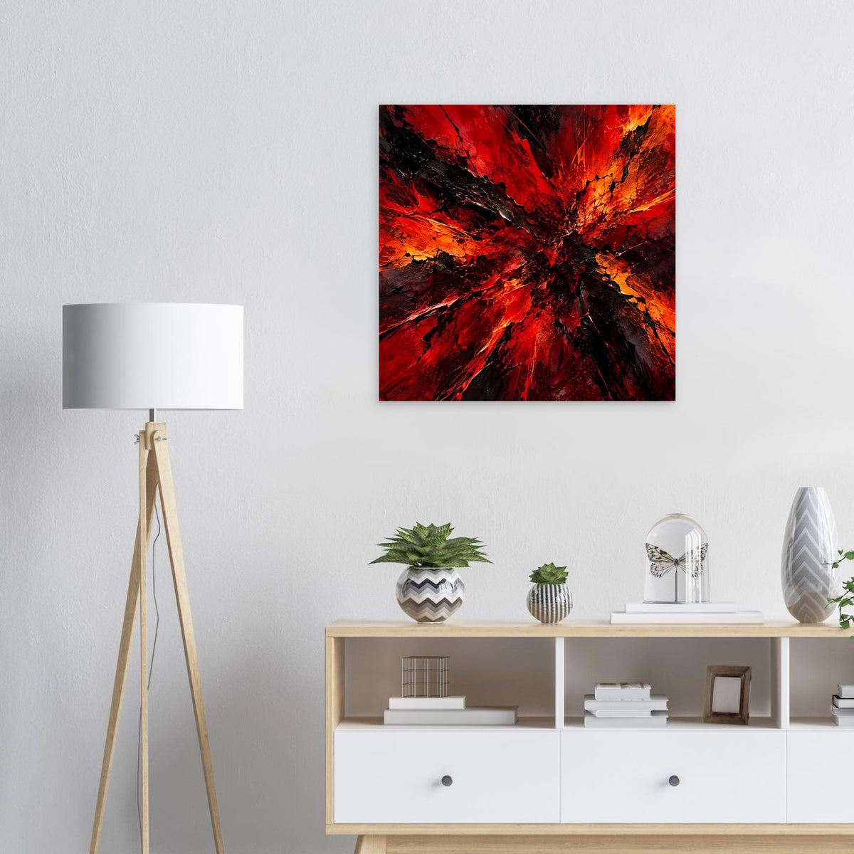 Quadratisches Wandposter mit radialem Feuerwerk aus Rot und Orange, mit schwarzen Details