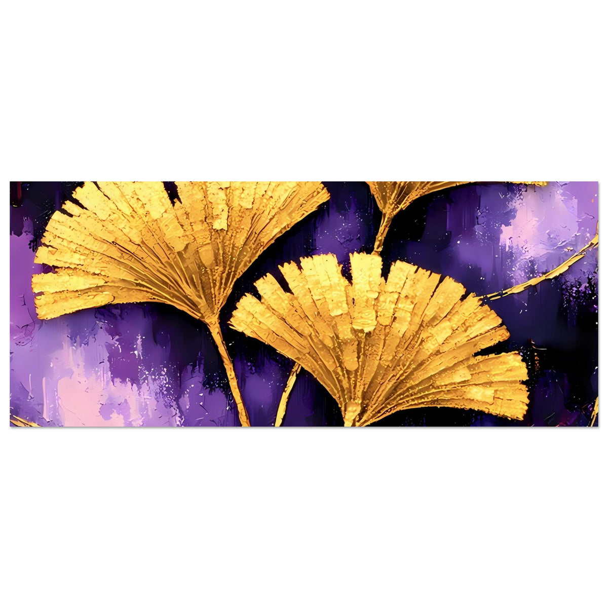 Breites Poster mit goldenen Ginkgo-Blättern auf violettem Hintergrund im Panorama-Layout
