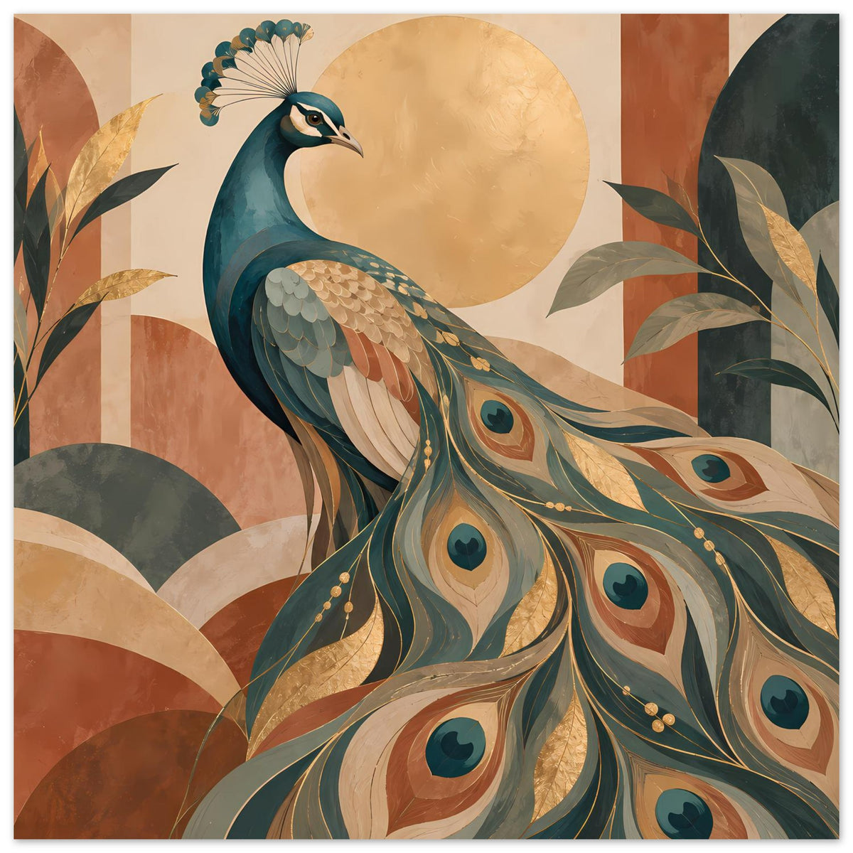 Pfau-Poster im Querformat mit Pfau und Fächerfedern in warmen Erdtönen, goldene Akzente