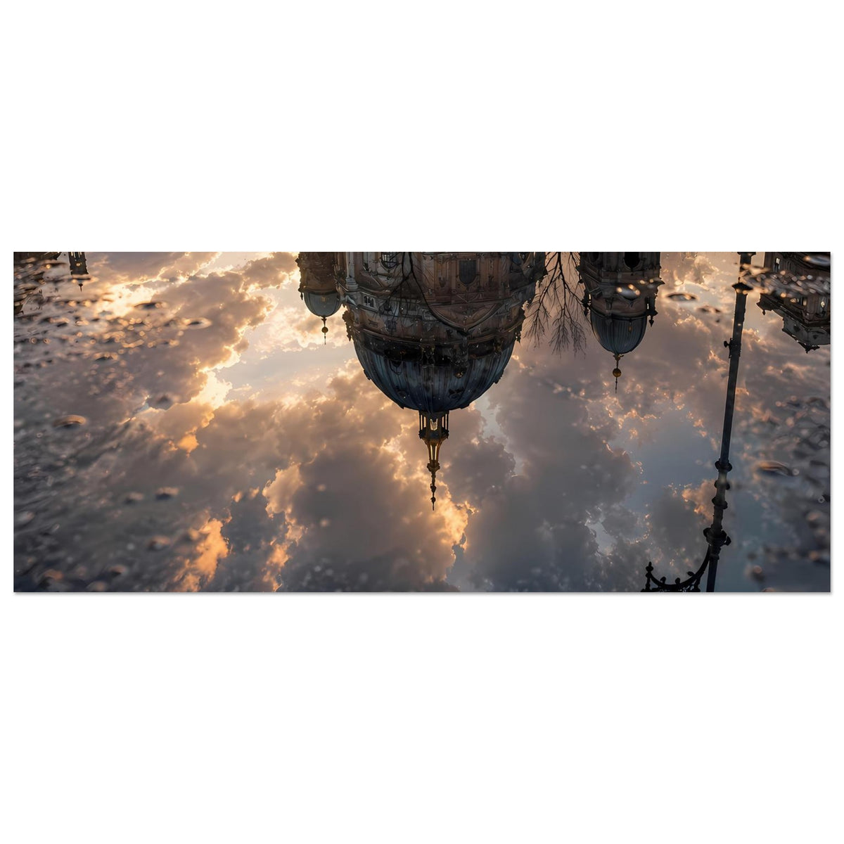 Horizontales Poster-Ausschnitt mit schwebender Lampe über Wolken und goldenen Lichtspuren