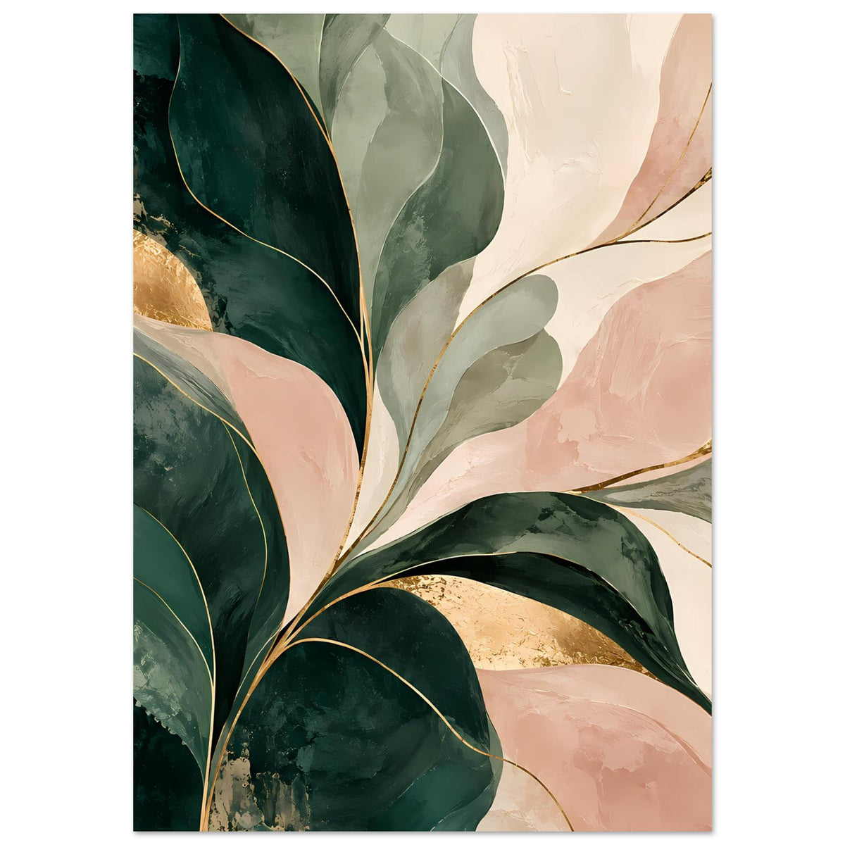 Abstraktes Kunstposter mit Blattmotiv in Smaragdgrün, Rosé und Gold
