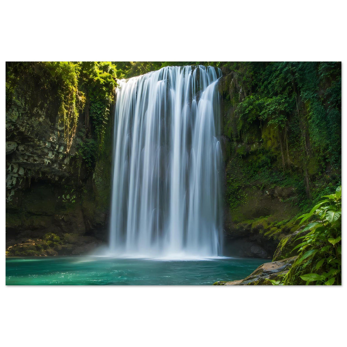 Wandposter mit hohem Wasserfall, tropische Pflanzen am Ufer, türkisfarbenes Wasser