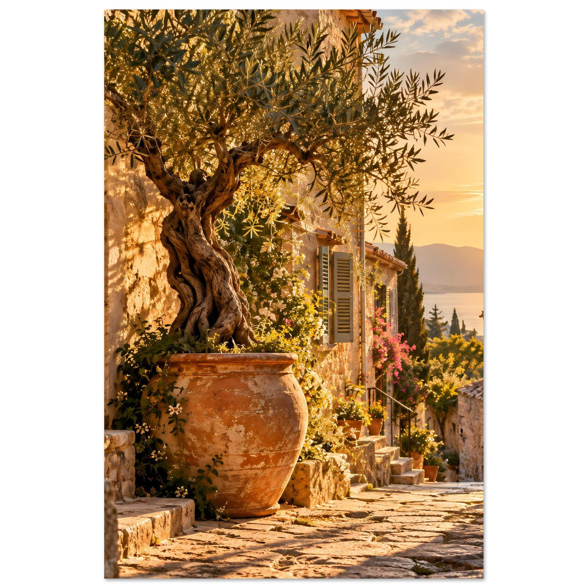 Hochformat-Poster mit Olivenbaumkrone, Keramikvase und mediterraner Gasse im goldenen Licht