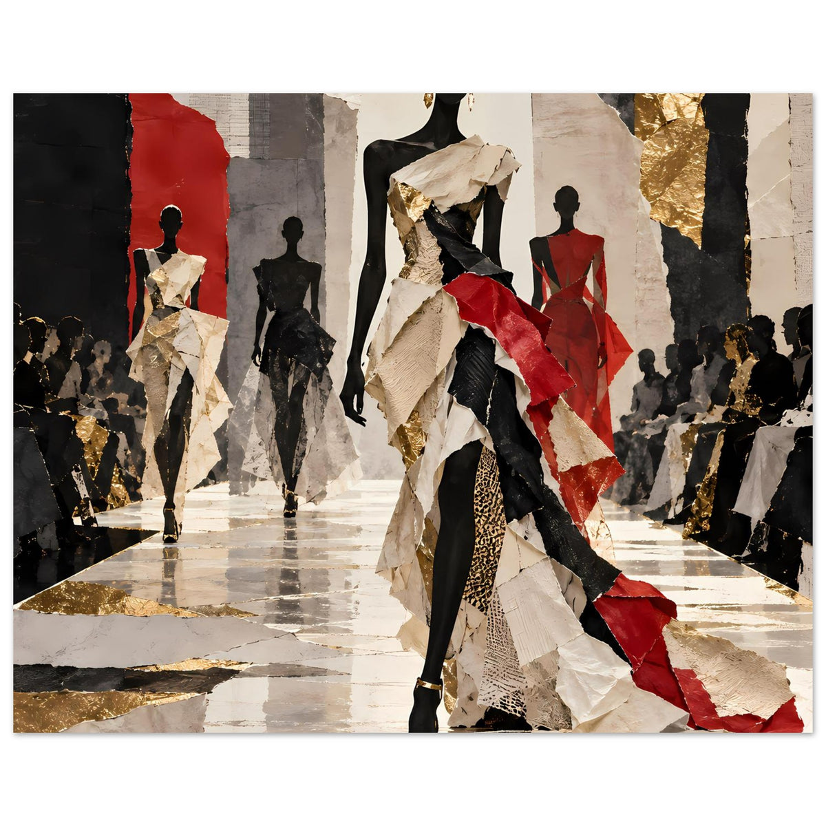 Fashion-Runway-Poster mit vorderem Model im cremefarbenen Outfit und roten Farbakzenten