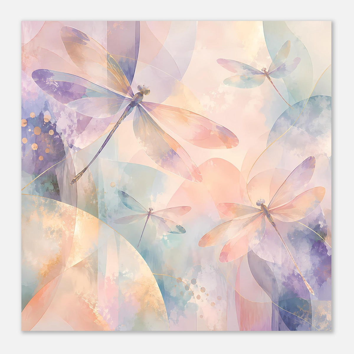 Horizontales Pastellposter mit Libellenmotive in Pfirsich, Lavendel und Hellblau, hellem Rahmen