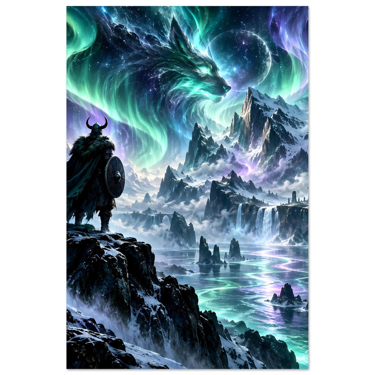 Fantasy-Poster im Hochformat: Krieger von hinten auf Felsen, grüner Drache und leuchtende Nordlichter