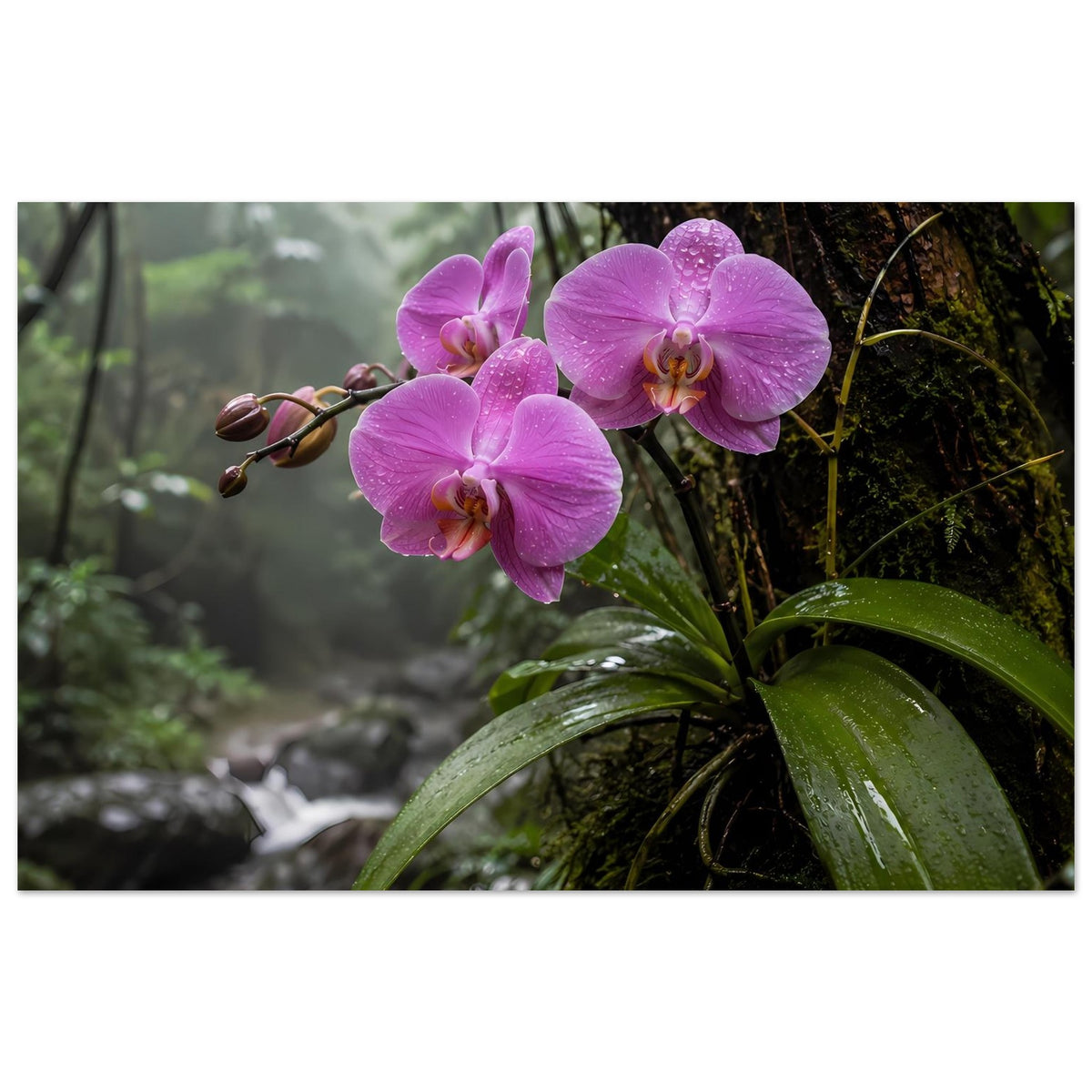 Querformat-Poster mit lila Orchideenblüten und grünen Blättern, mit Tau bedeckt